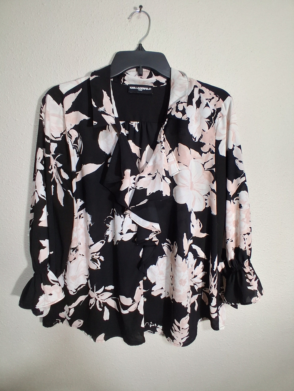 Karl Lagerfeld Black Floral Ruffle Blouse with Blush Accents